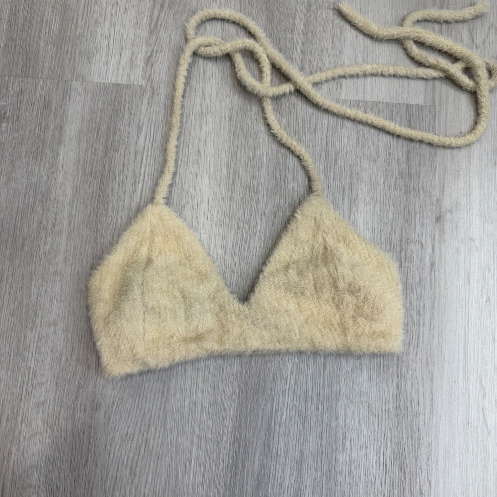 Beachclub Fuzzy Knit Halter Bralette Top Beige Y2K Boho Beachy Festival S